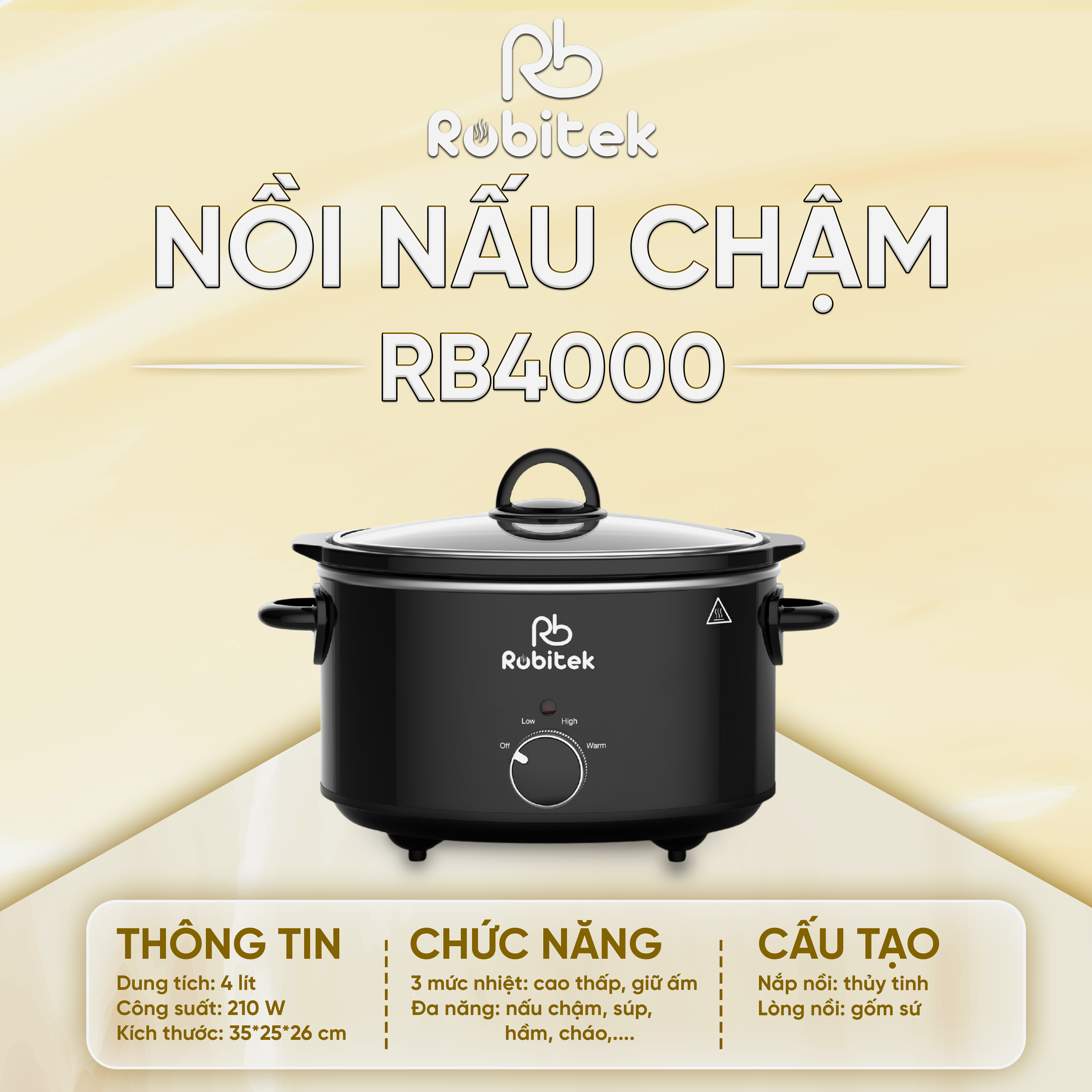 NỒI NẤU CHẬM ROBITEK RB3000 &amp; RB4000 – DUNG TÍCH 3L, 4L – NINH HẦM THỊT TIỆN LỢI, PHÙ HỢP CHO GIA ĐÌNH